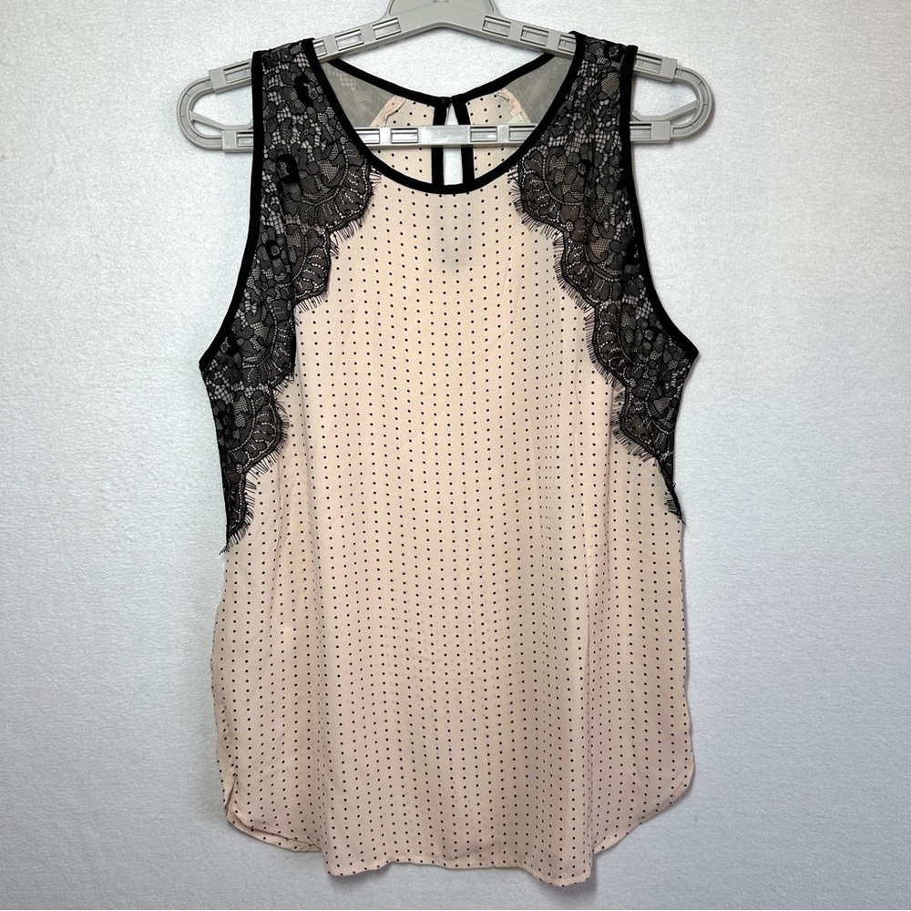 Ann Taylor Loft Sleeveless Top S Beige Black Polka Dots Lace Lightweight Blouse
